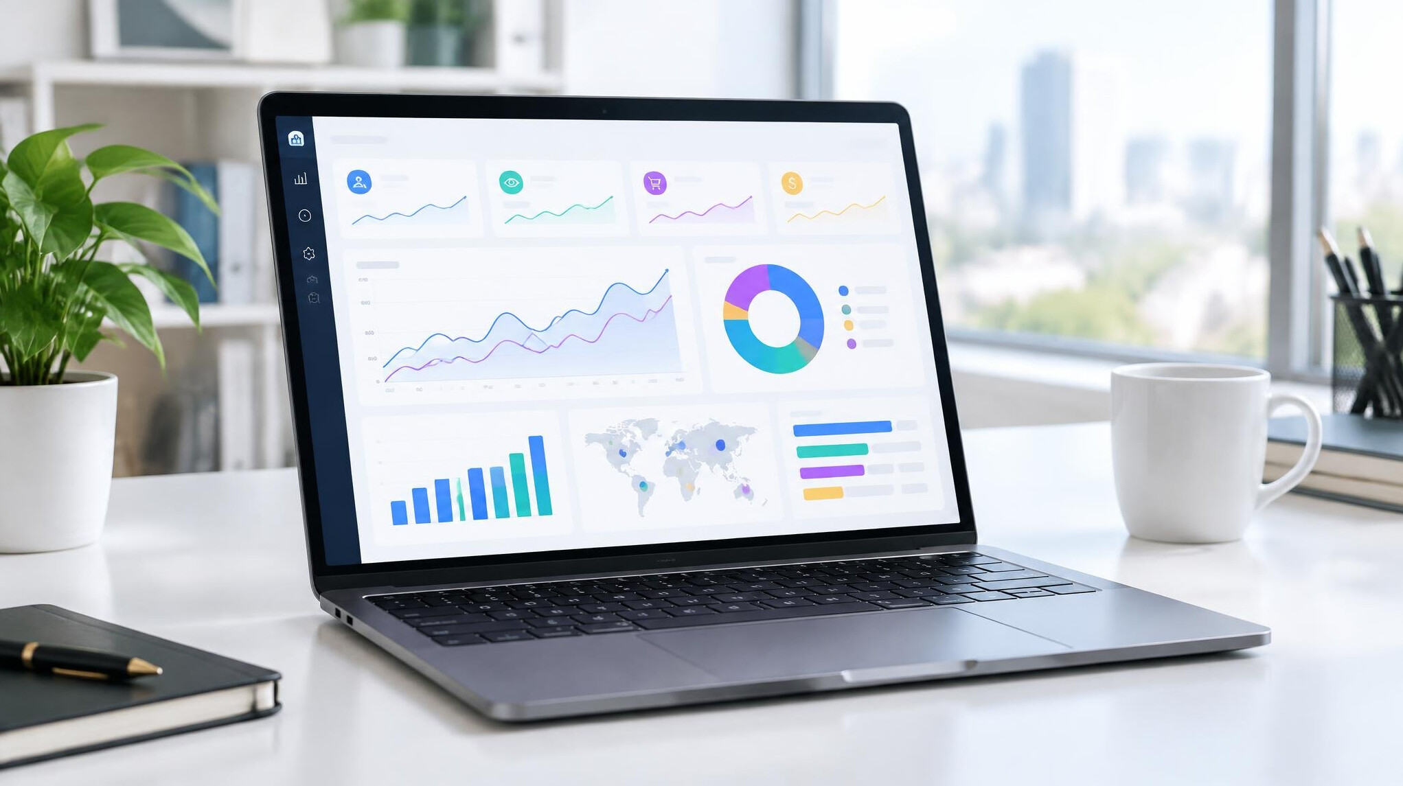 Analytics dashboard with charts on a laptop screen